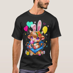 Highland Cow Print Cute Easter Eggs Bunny Ear East T-Shirt