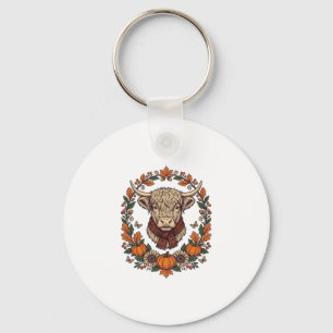 Highland Cow Pumpkin Vintage Engraving Fall Shirt Key Ring