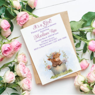 Highland cow purple, pink, floral watercolor baby Invitation