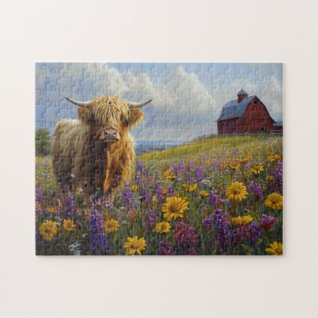 Highland Cow Purple Yellow Wildflowers Jigsaw Puzzle (Horizontal)