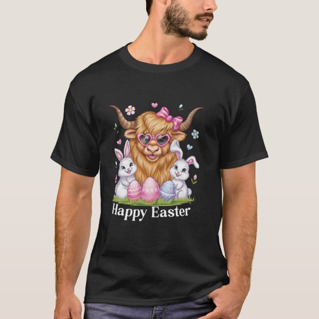 Highland Cow Rabbit Ears Bow Cute Bunnies Eggs Hap T-Shirt (Front)