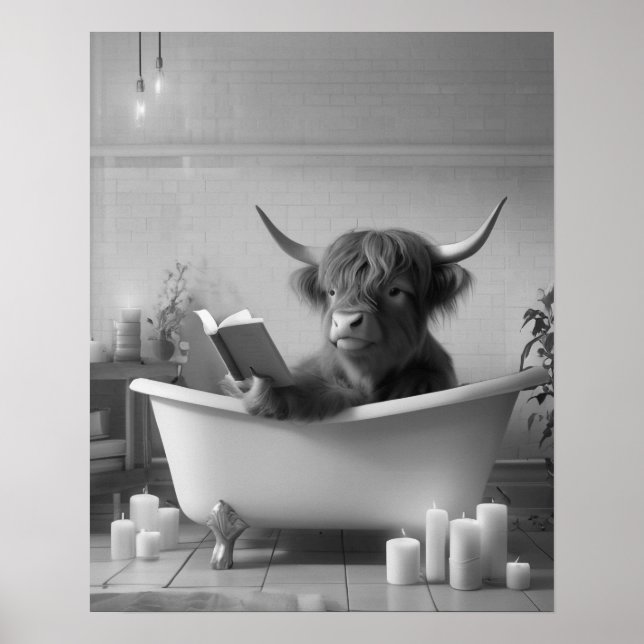 Highland Cow Reading Bath Black and White Bathroom Poster (Front)