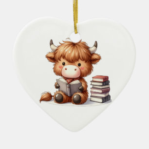 Highland Cow Reading Books Ceramic Ornament