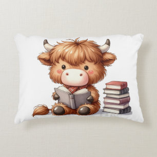 Highland Cow Reading Books Decorative Cushion