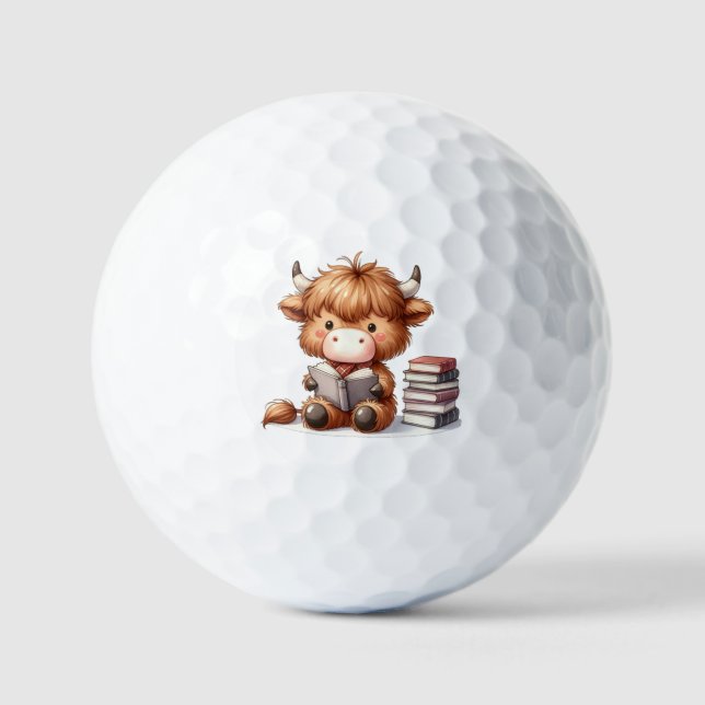 Highland Cow Reading Books Golf Balls (Front)