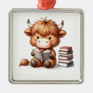 Highland Cow Reading Books Metal Ornament