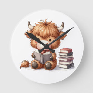 Highland Cow Reading Books Round Clock