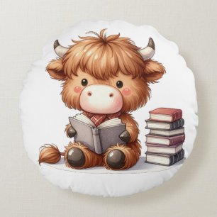 Highland Cow Reading Books Round Cushion