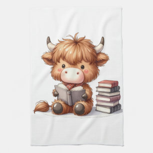 Highland Cow Reading Books Tea Towel