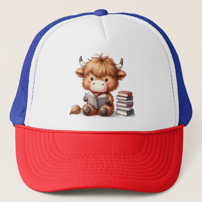 Highland Cow Reading Books Trucker Hat (Front)