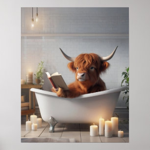 Highland Cow Reading in Bath Tub Funny Bathroom Poster