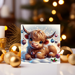 Highland Cow Resting in Snowy Christmas Wonderland Holiday Card