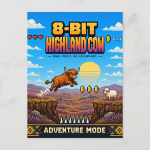 Highland Cow, Retro 8-Bit Pixel Art Postcard