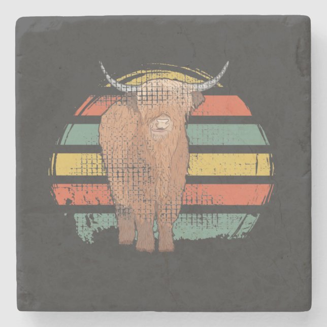 Highland Cow Retro Stone Coaster (Front)