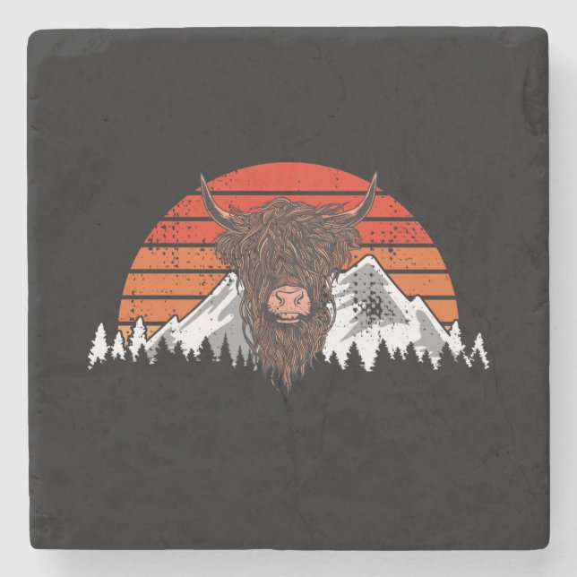 Highland Cow Retro Vintage Stone Coaster (Front)