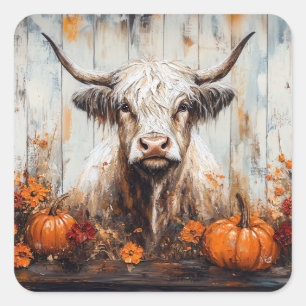 Highland Cow Rustic Autumn Painting Square Sticker