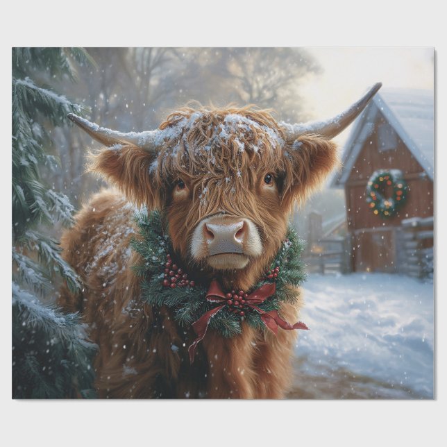 Highland Cow Rustic Barnyard Christmas Decoupage Wrapping Paper (Flat)
