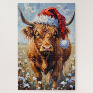 Highland Cow Rustic Winter Tinsel Hat Jigsaw Puzzle