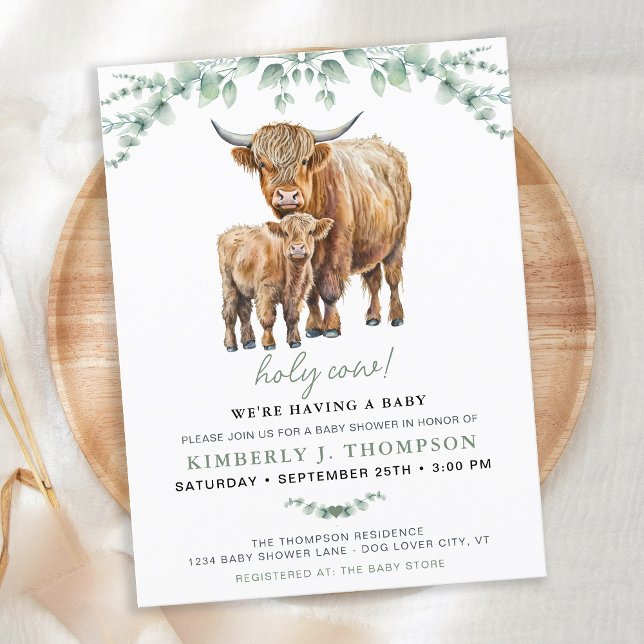 Highland Cow Sage Boho Greenery Baby Shower Invitation Postcard (Creator Uploaded)