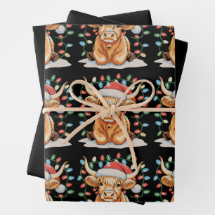 Highland Cow Santa Christmas Xmas Holiday Wrapping Paper Sheet