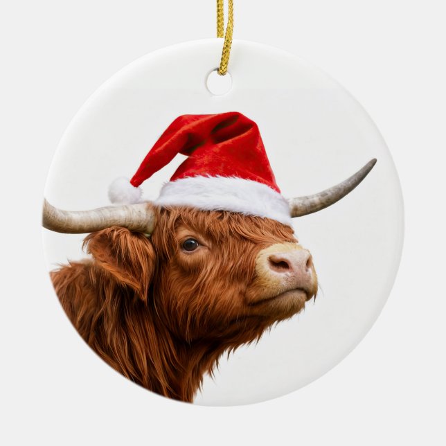 Highland Cow Santa Hat Cute Christmas Holiday Ceramic Ornament (Front)