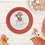 Highland Cow Santa Hat Name Merry Christmas Paper Plate<br><div class="desc">Highland Cow Santa Hat Name Merry Christmas. Festive cuteness for your holiday table,  with this fun design with a sweet highland cow in his Santa hat. Merry Christmas is in a set stylish script and personalise your name beneath.</div>