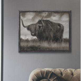  Highland Cow Scotland Rustic Brown monotone  Post Poster
