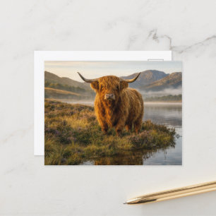 Highland Cow Scottish Highlands Misty Loch Sunrise Postcard