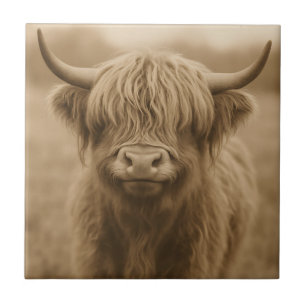Highland Cow Sepia Portrait Ceramic Tile