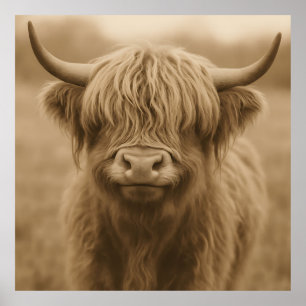 Highland Cow Sepia Portrait Poster