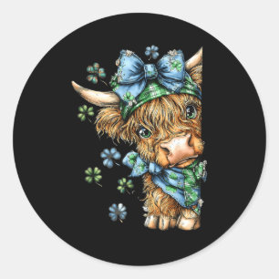 Highland cow shamrock coquette bow st patrick's classic round sticker