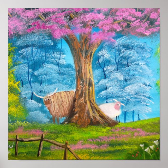 HIGHLAND COW SHEEP FOLK PAINTING POSTER (Front)