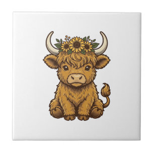 Highland Cow Shirt Cute Sunflower Calf Art Ceramic Tile