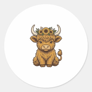 Highland Cow Shirt Cute Sunflower Calf Art Classic Round Sticker