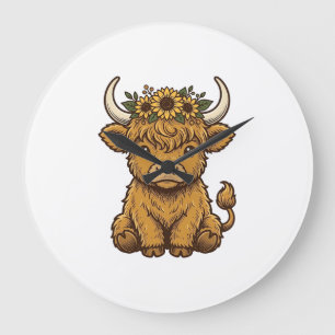 Highland Cow Shirt Cute Sunflower Calf Art Large Clock