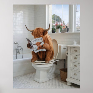Highland Cow Sitting on Toilet Reading Bathroom Poster