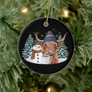 Highland Cow Snowman Hot Cocoa Christmas Tree Xmas Ceramic Ornament