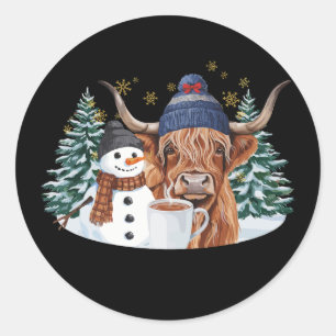 Highland Cow Snowman Hot Cocoa Christmas Tree Xmas Classic Round Sticker