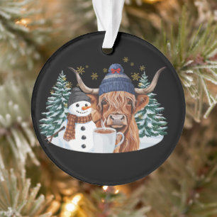 Highland Cow Snowman Hot Cocoa Christmas Tree Xmas Ornament