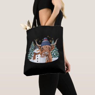 Highland Cow Snowman Hot Cocoa Christmas Tree Xmas Tote Bag