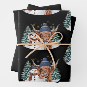 Highland Cow Snowman Hot Cocoa Christmas Tree Xmas Wrapping Paper Sheet