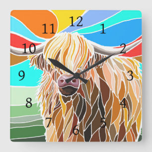 Highland Cow Square Wall Clock