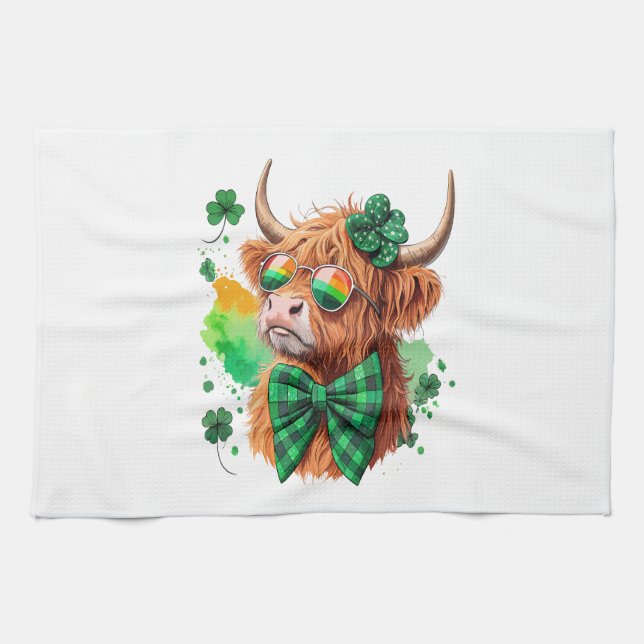 Highland Cow St Patrick�s Png, Lucky Cow Tea Towel (Horizontal)