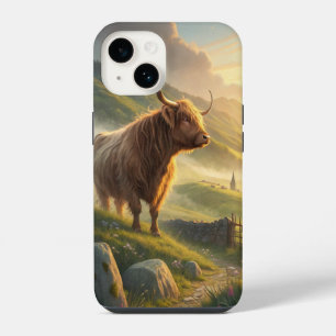 Highland cow standing in a misty landscape iPhone 14 case