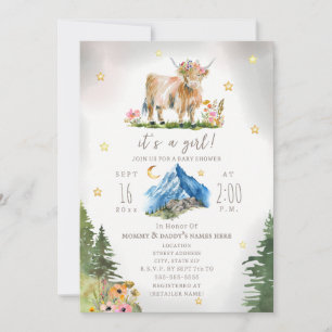Highland Cow Stars Floral Mountain Baby Shower Invitation