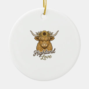 Highland Cow Sunflower Love Vintage Engraving Art_ Ceramic Ornament