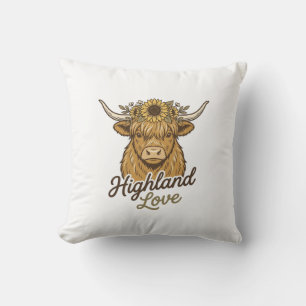 Highland Cow Sunflower Love Vintage Engraving Art_ Cushion