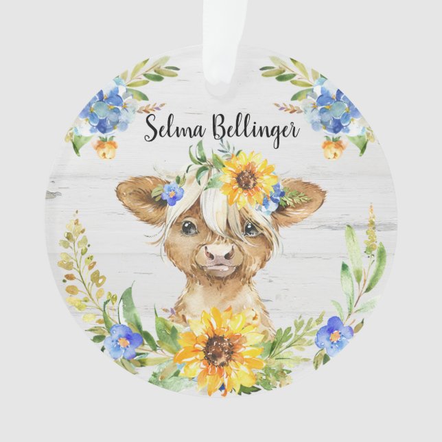 Highland Cow Sunflower Rustic Farmhouse Christmas Ornament (Front)