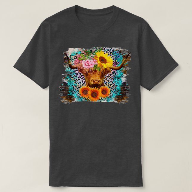 Highland Cow Sunflower Western Leopard  T-Shirt (Design Front)