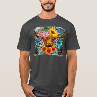 Highland Cow Sunflower Western Leopard  T-Shirt